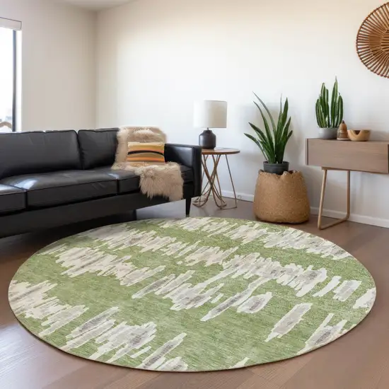 8' Green And Beige Striped Washable Round Rug With UV Protection Photo 5