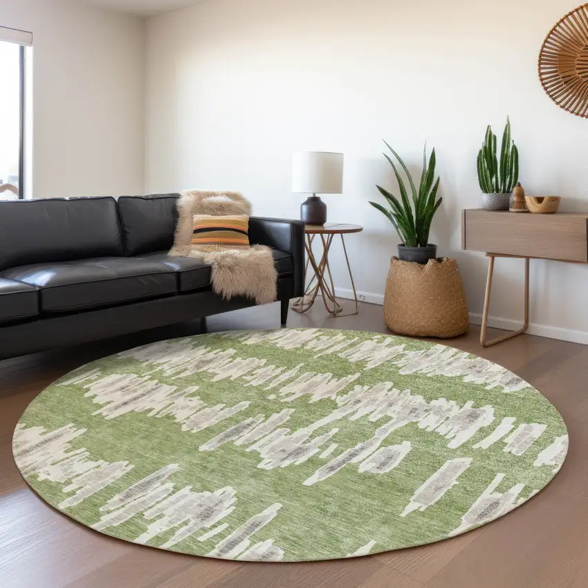 8' Green And Beige Striped Washable Round Rug With UV Protection Photo 5