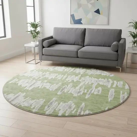 8' Green And Beige Striped Washable Round Rug With UV Protection Photo 2