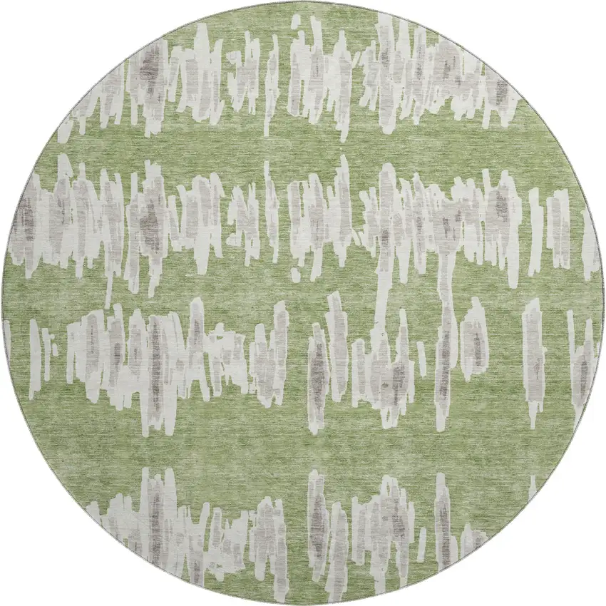 8' Green And Beige Striped Washable Round Rug With UV Protection Photo 1