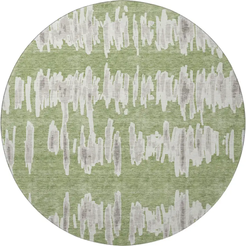 8' Green And Beige Striped Washable Round Rug With UV Protection Photo 4
