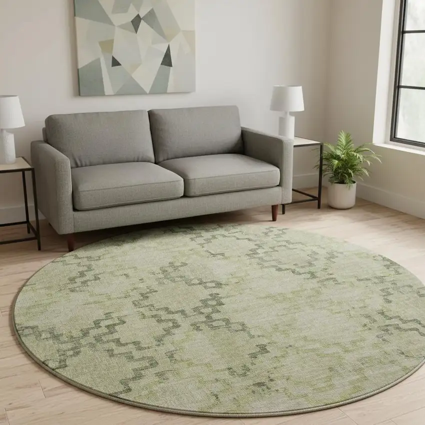 8' Green And Beige Tribal Washable Round Rug With UV Protection Photo 1