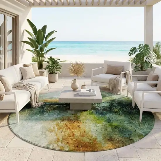 8' Green And Black Round Abstract Washable Indoor Outdoor Area Rug Photo 1