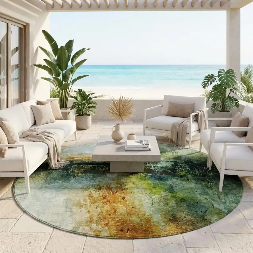 8' Green And Black Round Abstract Washable Indoor Outdoor Area Rug Photo 1
