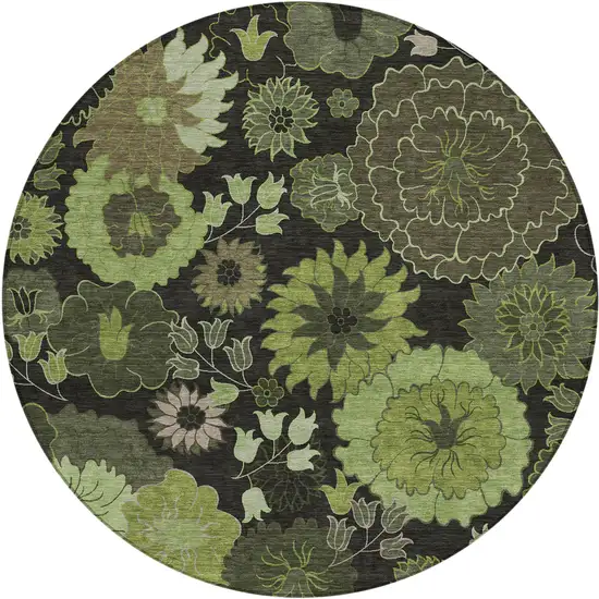 8' Green And Black Round Floral Washable Indoor Outdoor Area Rug Photo 2