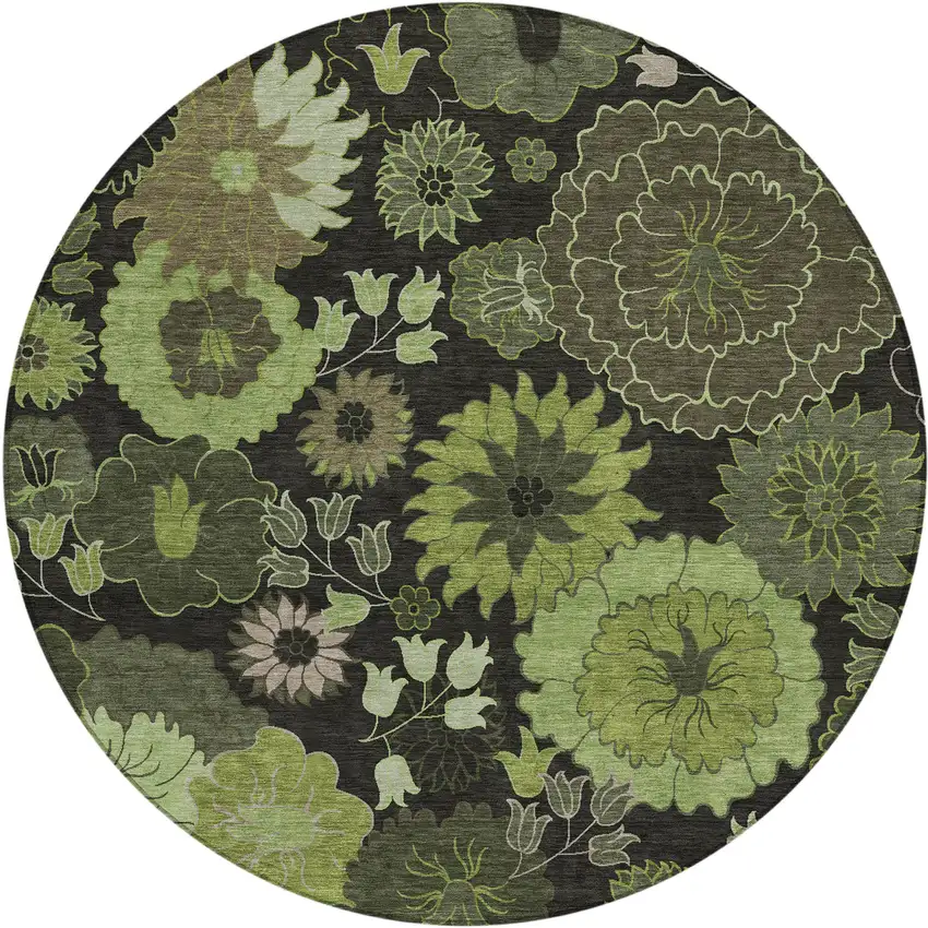 8' Green And Black Round Floral Washable Indoor Outdoor Area Rug Photo 2