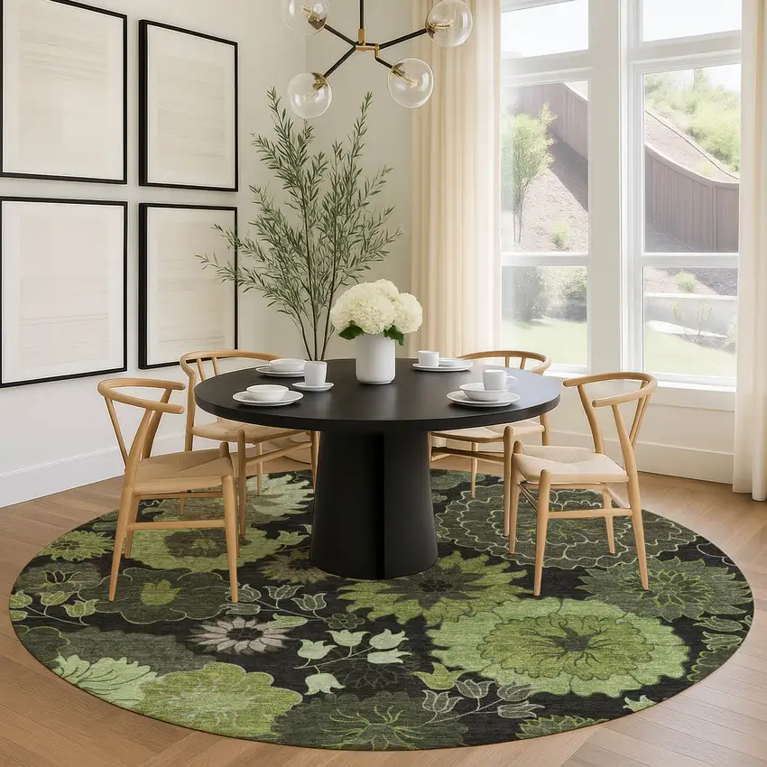 8' Green And Black Round Floral Washable Indoor Outdoor Area Rug Photo 9