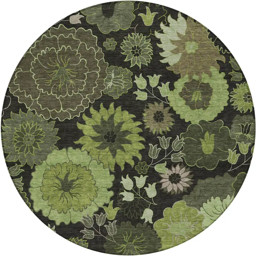 8' Green And Black Round Floral Washable Indoor Outdoor Area Rug Photo 5