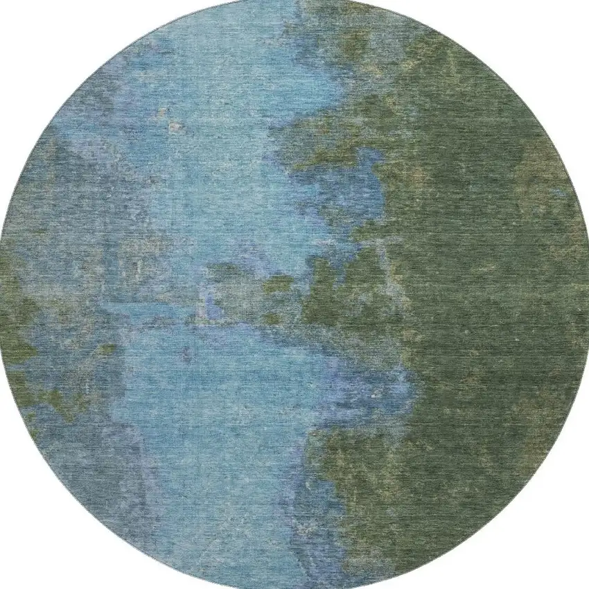 8' Green And Blue Abstract Washable Round Rug With UV Protection Photo 3
