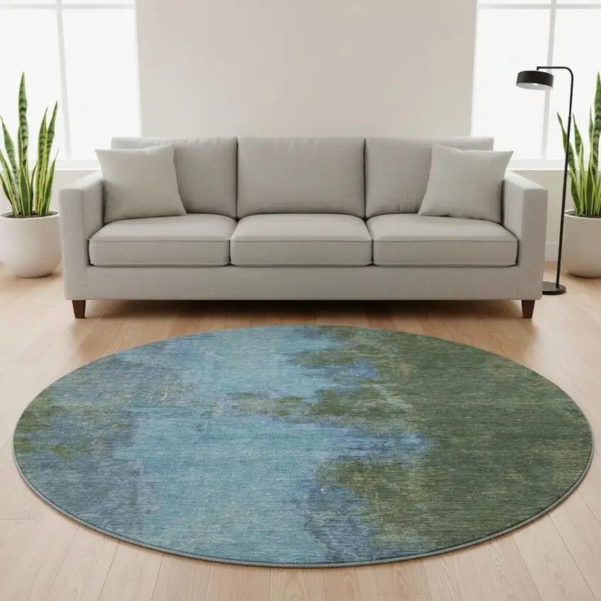 8' Green And Blue Abstract Washable Round Rug With UV Protection Photo 2