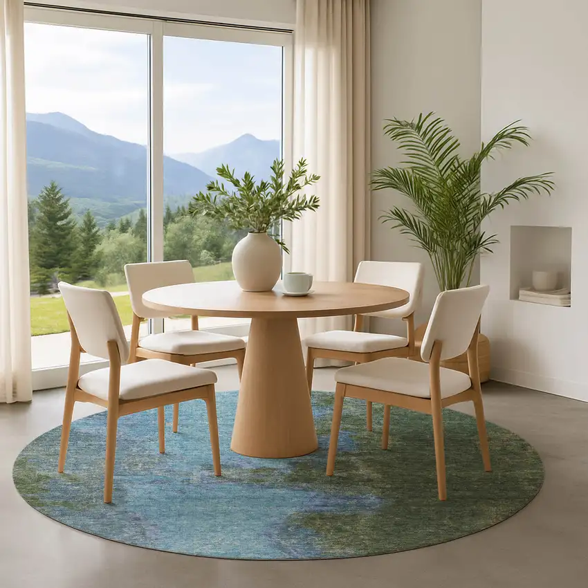 8' Green And Blue Abstract Washable Round Rug With UV Protection Photo 4