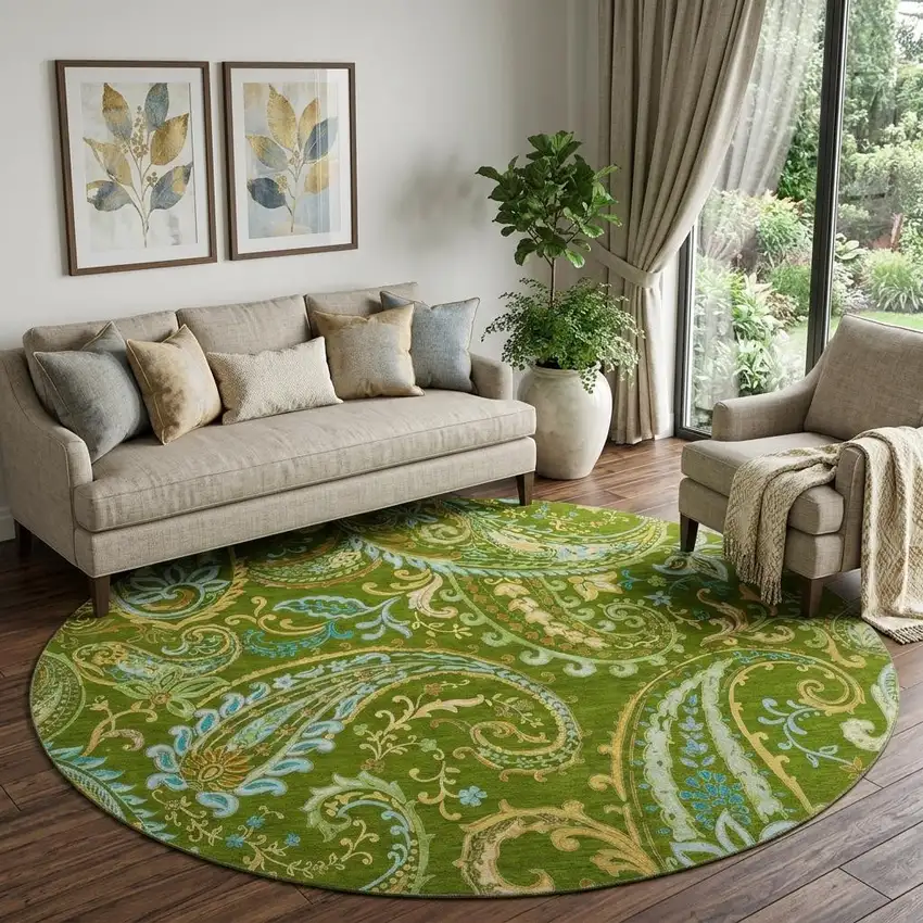 8' Green And Blue Paisley Washable Round Rug With UV Protection Photo 1