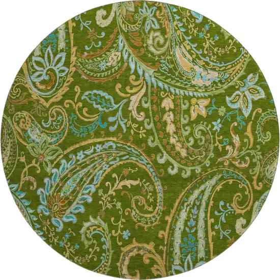 8' Green And Blue Paisley Washable Round Rug With UV Protection Photo 1