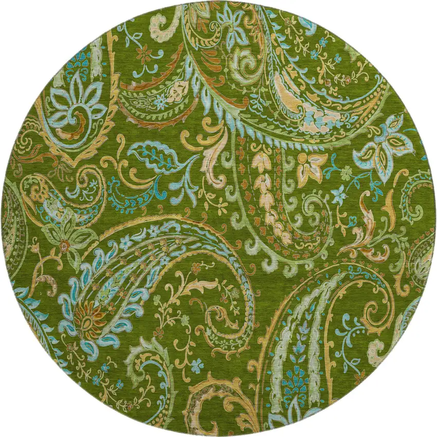 8' Green And Blue Paisley Washable Round Rug With UV Protection Photo 1