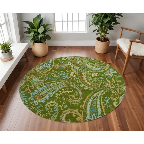 8' Green And Blue Paisley Washable Round Rug With UV Protection Photo 2