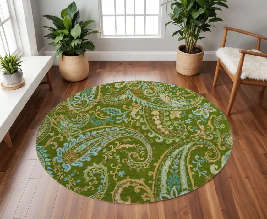8' Green And Blue Paisley Washable Round Rug With UV Protection Photo 2