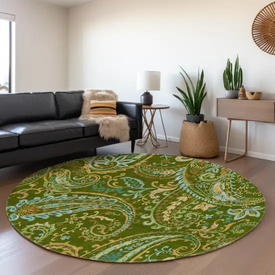8' Green And Blue Paisley Washable Round Rug With UV Protection Photo 5