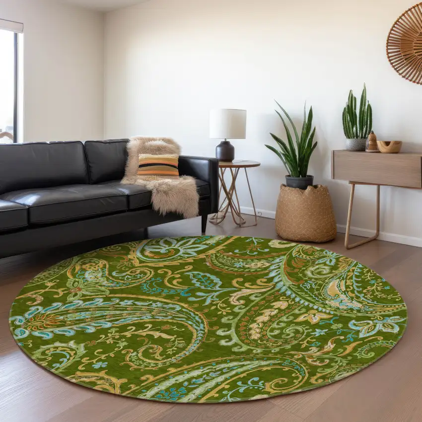8' Green And Blue Paisley Washable Round Rug With UV Protection Photo 5