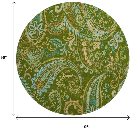8' Green And Blue Paisley Washable Round Rug With UV Protection Photo 9