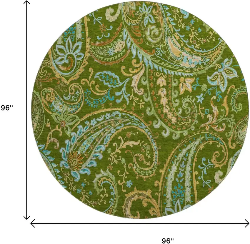 8' Green And Blue Paisley Washable Round Rug With UV Protection Photo 9