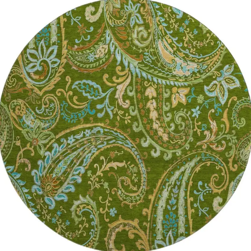 8' Green And Blue Paisley Washable Round Rug With UV Protection Photo 4