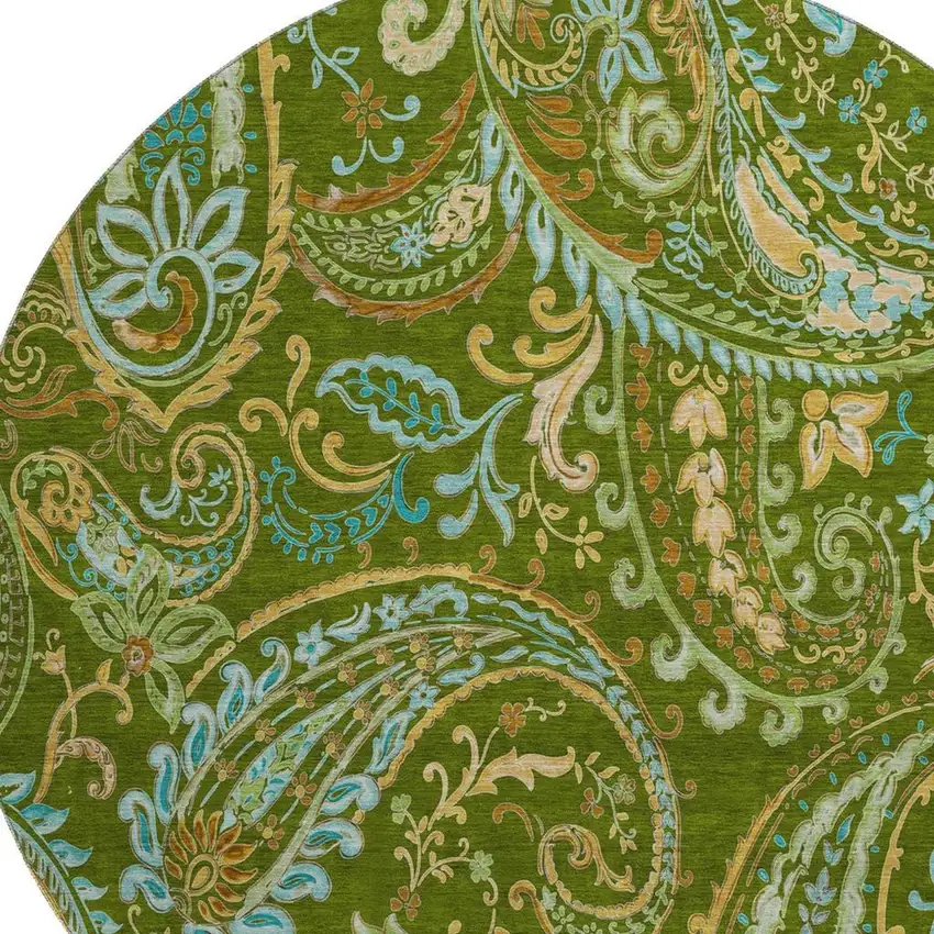 8' Green And Blue Paisley Washable Round Rug With UV Protection Photo 3