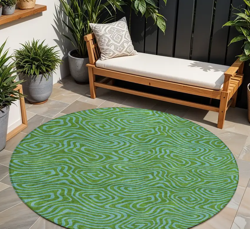 8' Green And Blue Round Abstract Washable Indoor Outdoor Area Rug Photo 1