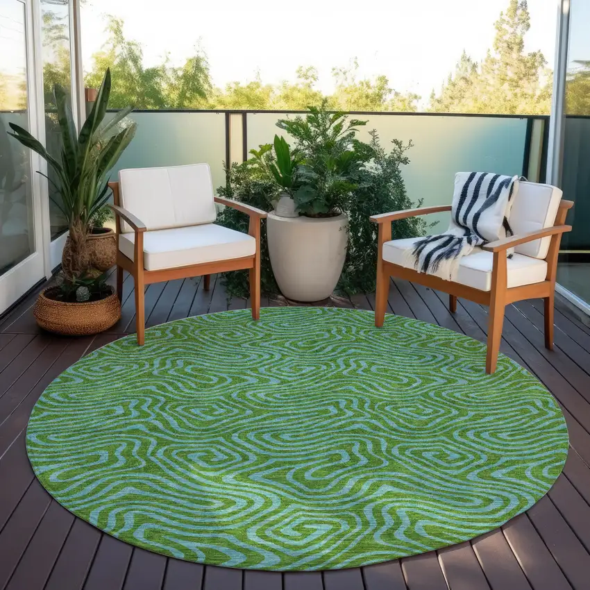 8' Green And Blue Round Abstract Washable Indoor Outdoor Area Rug Photo 6