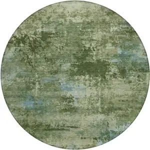 Photo of 8' Green And Blue Round Abstract Washable Indoor Outdoor Area Rug