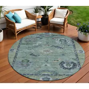 Photo of 8' Green And Blue Round Floral Medallion Washable Indoor Outdoor Area Rug