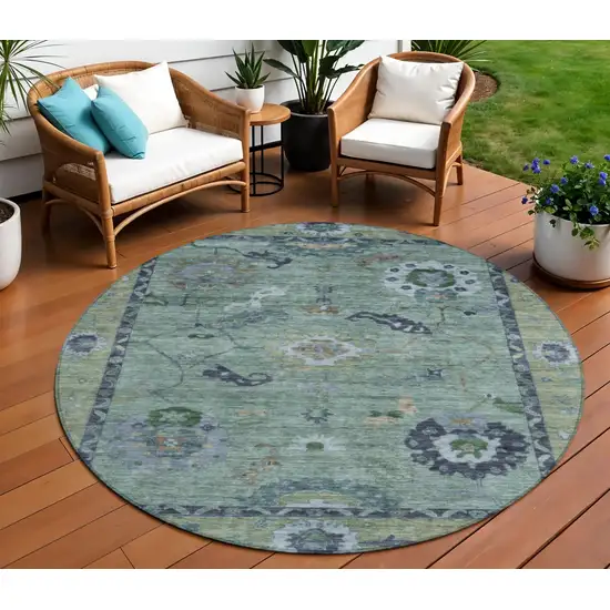 8' Green And Blue Round Floral Medallion Washable Indoor Outdoor Area Rug Photo 1