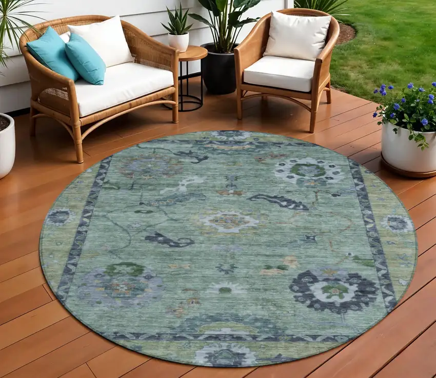8' Green And Blue Round Floral Medallion Washable Indoor Outdoor Area Rug Photo 1