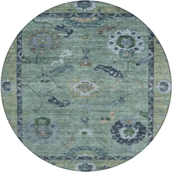 8' Green And Blue Round Floral Medallion Washable Indoor Outdoor Area Rug Photo 2