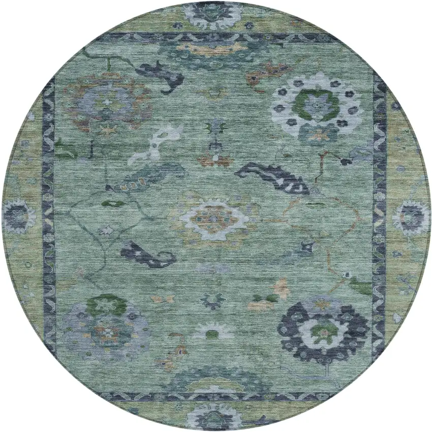 8' Green And Blue Round Floral Medallion Washable Indoor Outdoor Area Rug Photo 2
