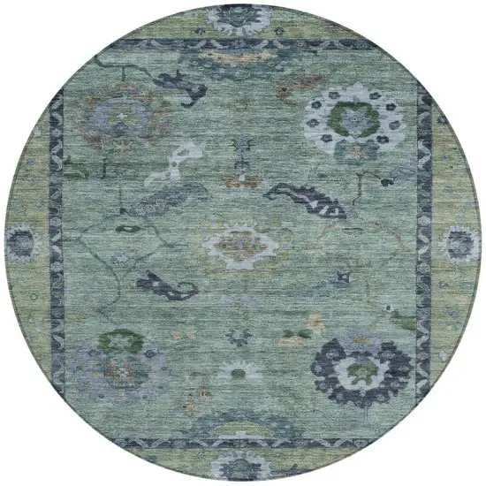 8' Green And Blue Round Floral Medallion Washable Indoor Outdoor Area Rug Photo 4