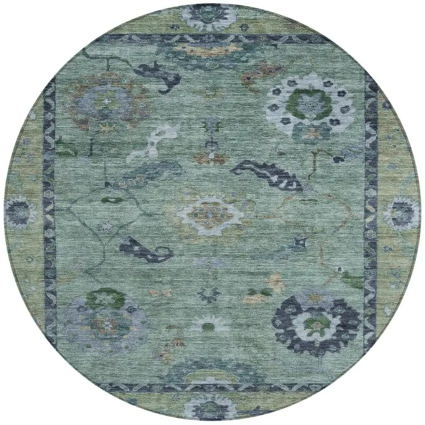 8' Green And Blue Round Floral Medallion Washable Indoor Outdoor Area Rug Photo 4