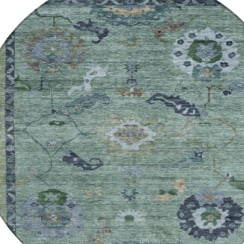 8' Green And Blue Round Floral Medallion Washable Indoor Outdoor Area Rug Photo 7