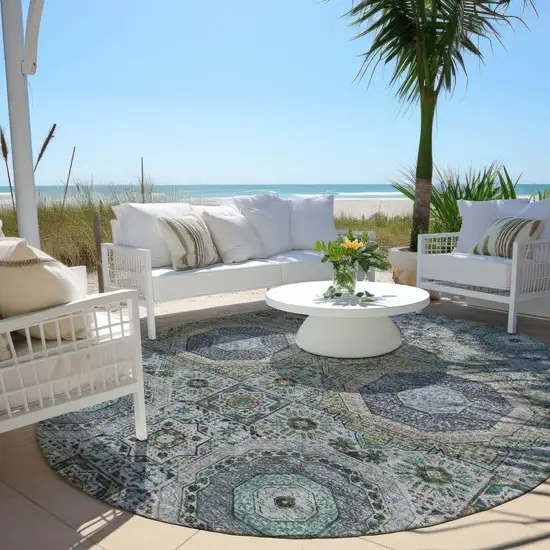 8' Green And Blue Round Medallion Washable Indoor Outdoor Area Rug Photo 5