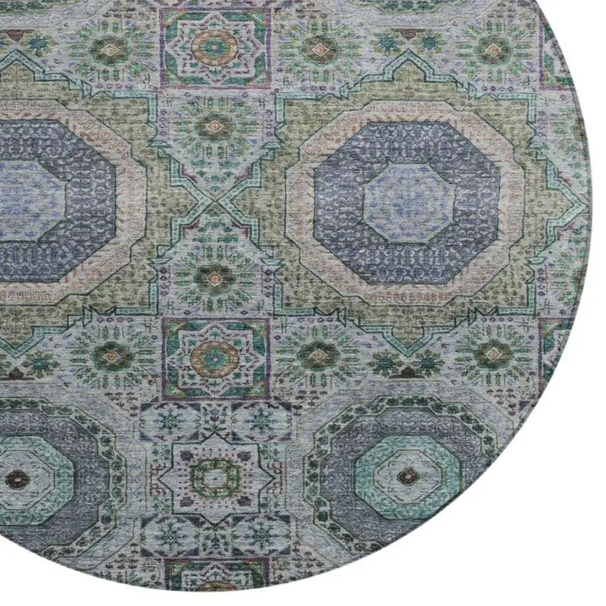 8' Green And Blue Round Medallion Washable Indoor Outdoor Area Rug Photo 4
