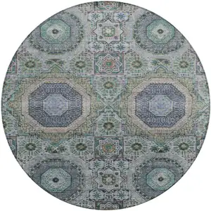 Photo of 8' Green And Blue Round Medallion Washable Indoor Outdoor Area Rug