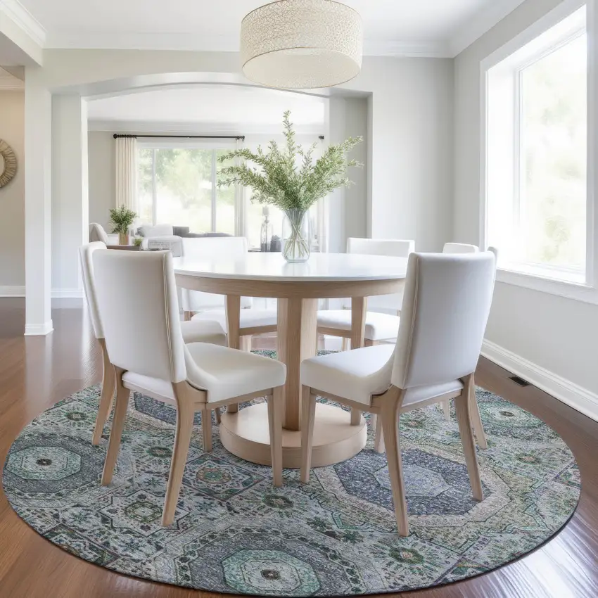 8' Green And Blue Round Medallion Washable Indoor Outdoor Area Rug Photo 6