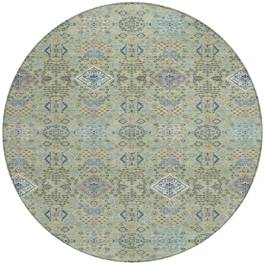 8' Green And Blue Round Oriental Washable Indoor Outdoor Area Rug Photo 2