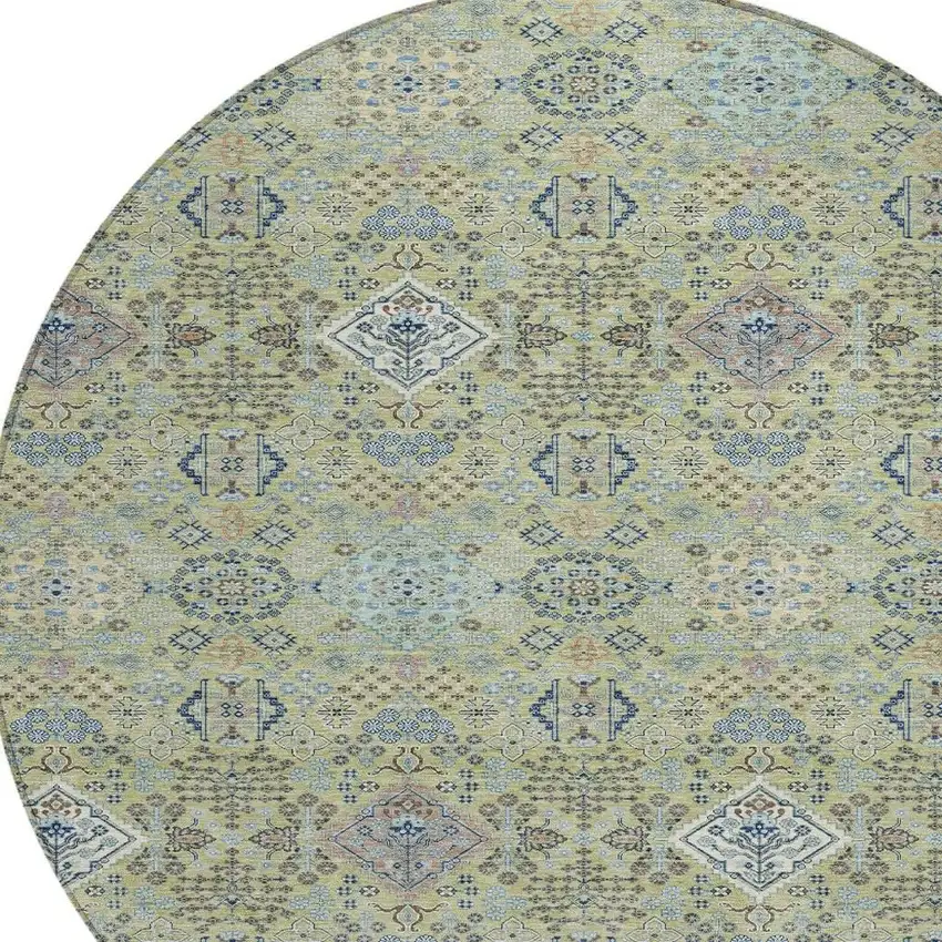 8' Green And Blue Round Oriental Washable Indoor Outdoor Area Rug Photo 3