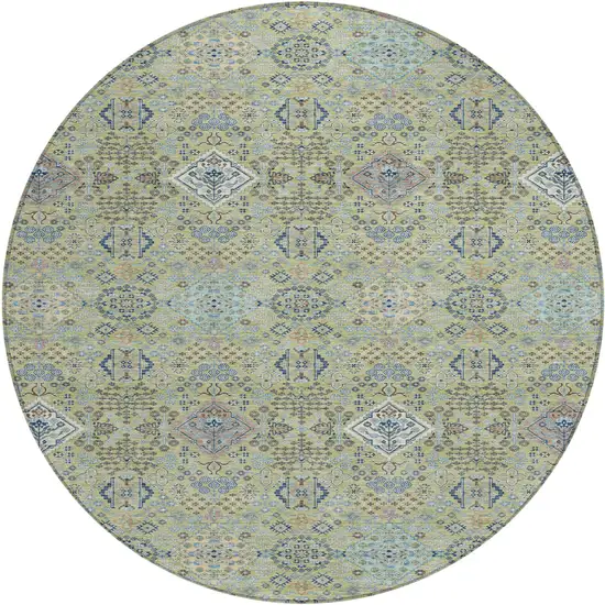 8' Green And Blue Round Oriental Washable Indoor Outdoor Area Rug Photo 1