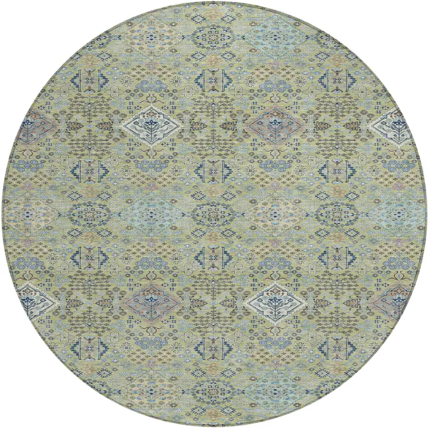 8' Green And Blue Round Oriental Washable Indoor Outdoor Area Rug Photo 1