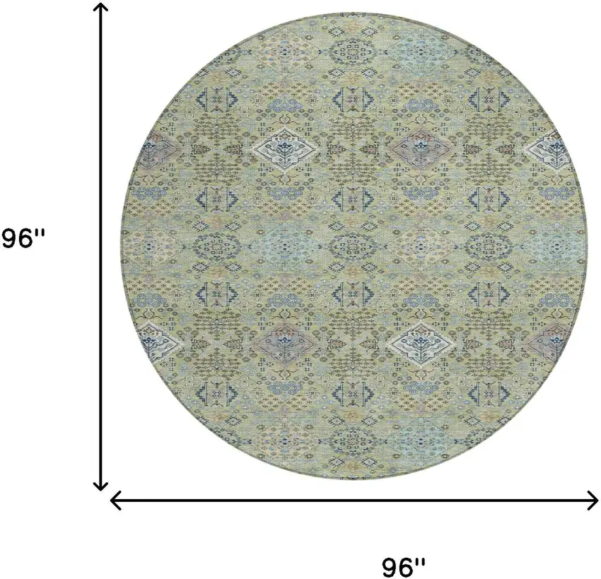 8' Green And Blue Round Oriental Washable Indoor Outdoor Area Rug Photo 8