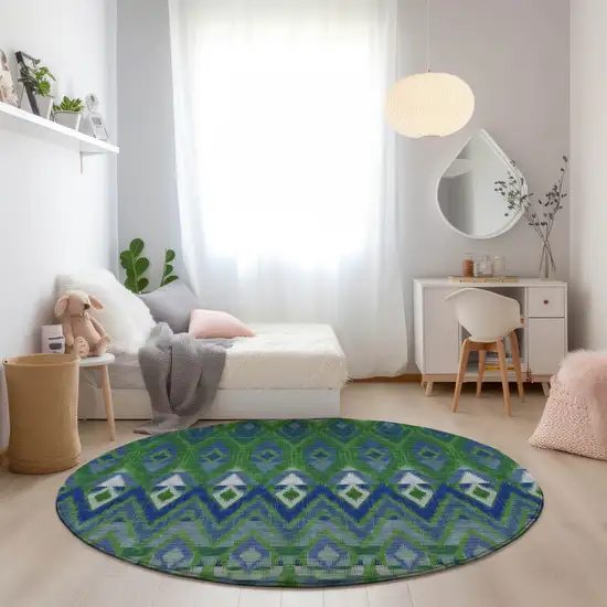 8' Green And Blue Round Southwestern Washable Indoor Outdoor Area Rug Photo 7