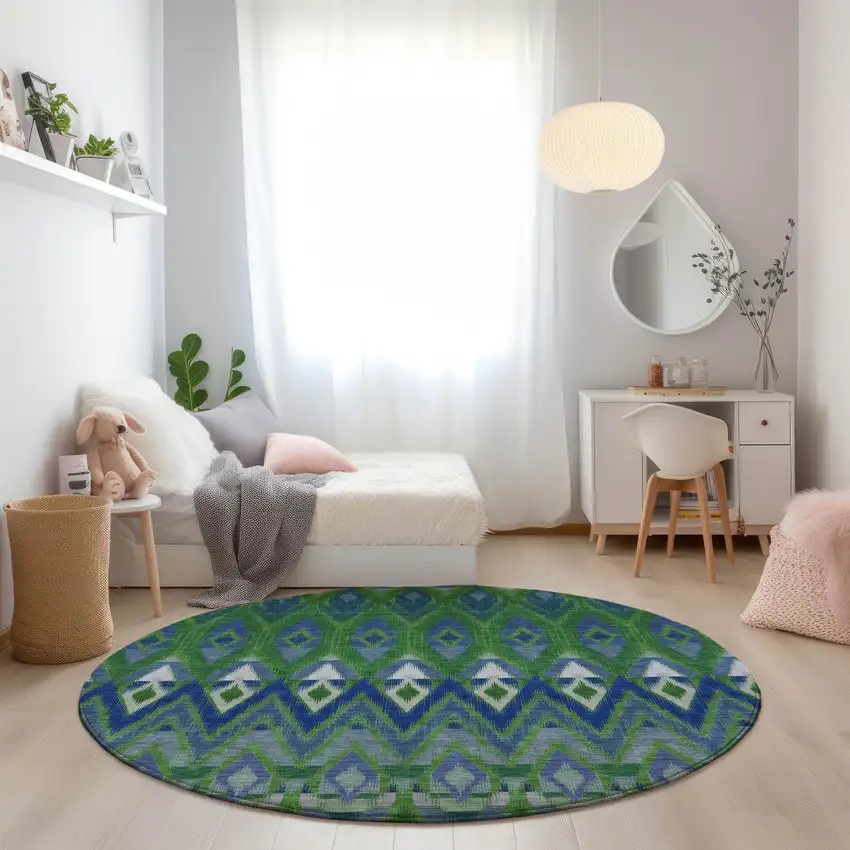8' Green And Blue Round Southwestern Washable Indoor Outdoor Area Rug Photo 7