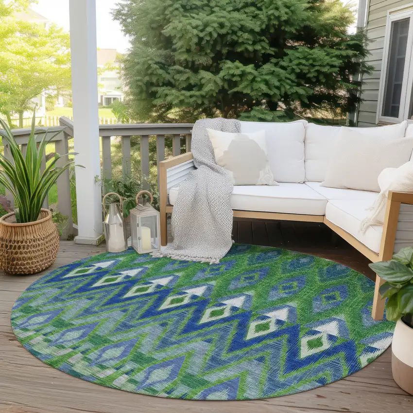 8' Green And Blue Round Southwestern Washable Indoor Outdoor Area Rug Photo 6