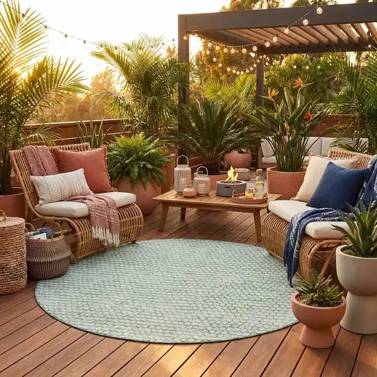 8' Green And Blue Round Striped Washable Indoor Outdoor Area Rug Photo 1
